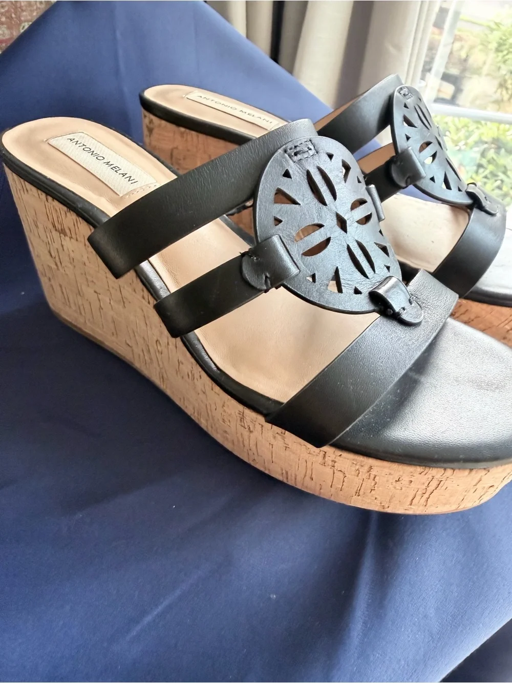 ANTONIO MELANI Black Cork Platform Wedge Sandals